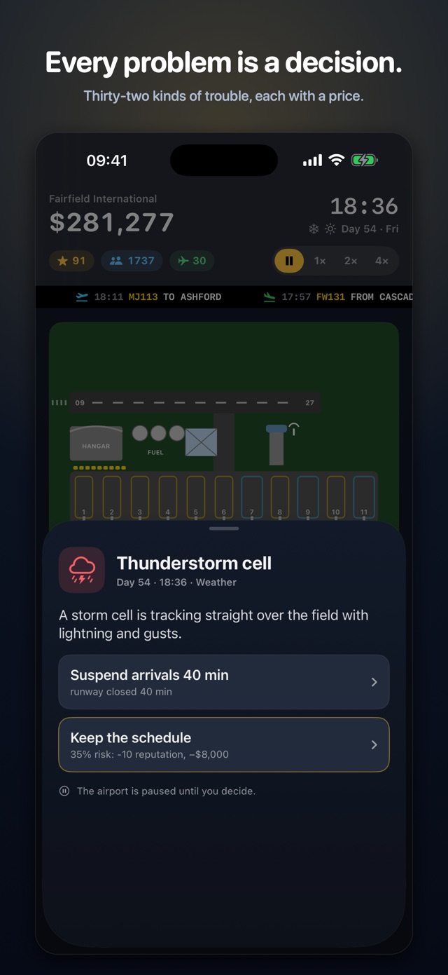 An airport incident card asking the player to choose a response